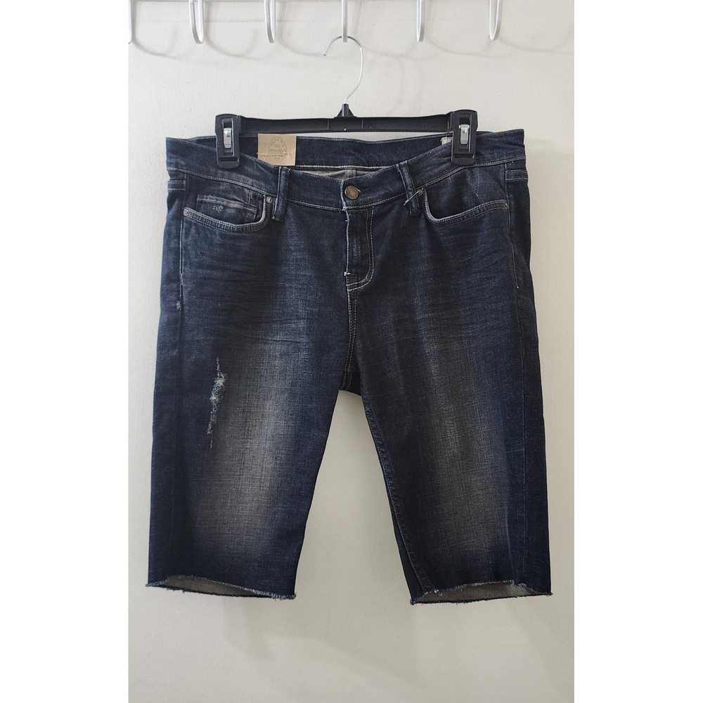 AllSaints Spitalfields Dark Wash Distressed Bermuda Denim Shorts Raw Hem Womens